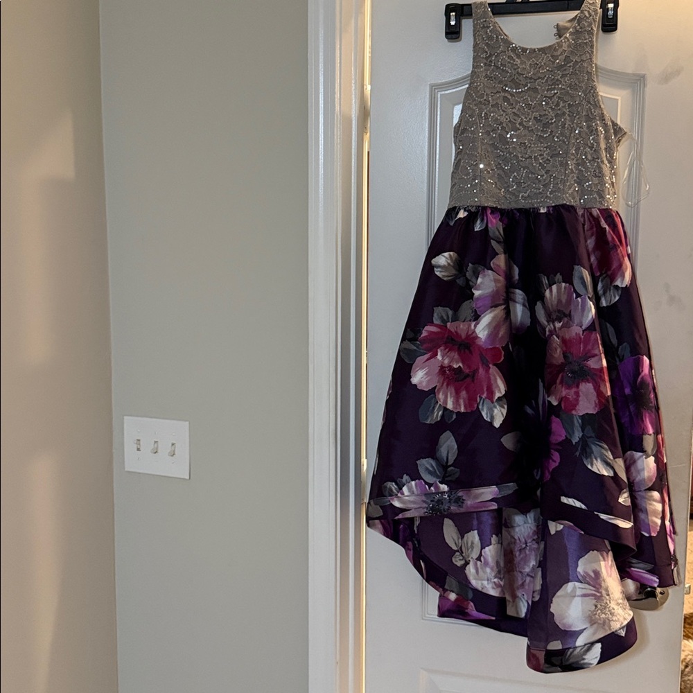 Speechless Silver and Purple Floral Kids Formal Dress